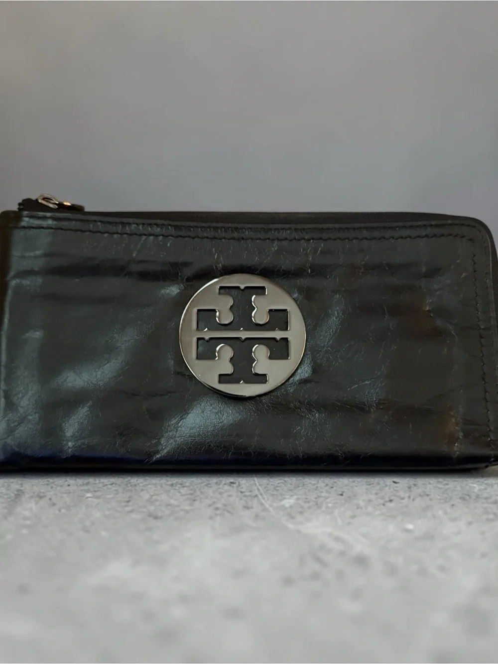 Tory Burch Black Leather Side Zip Logo Leather Clutch